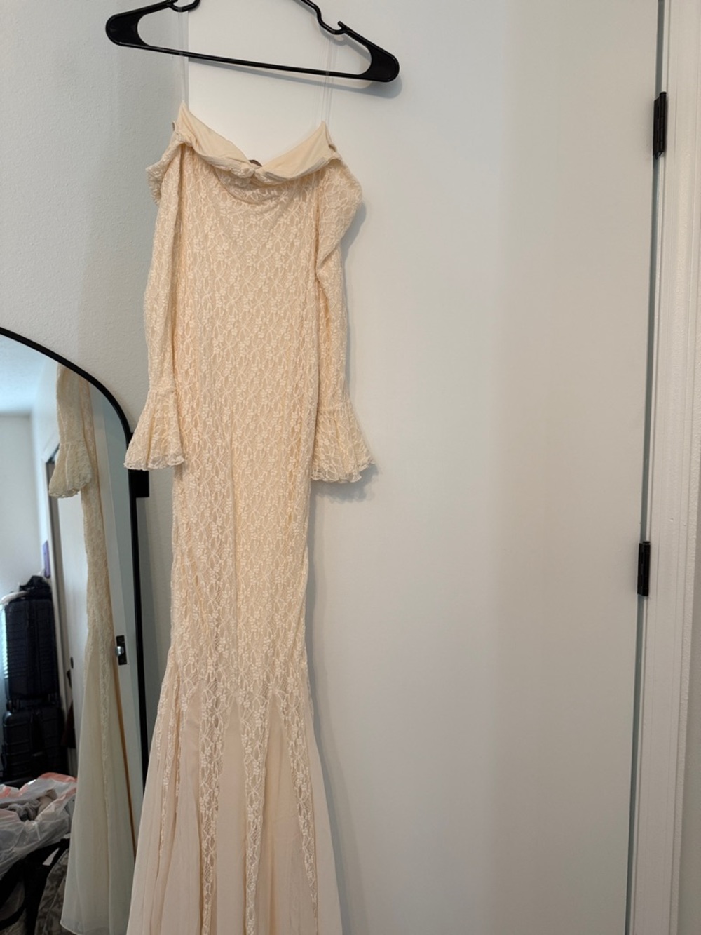 Oh Polly Cream Lace Off-Shoulder Mermaid Maxi Dress